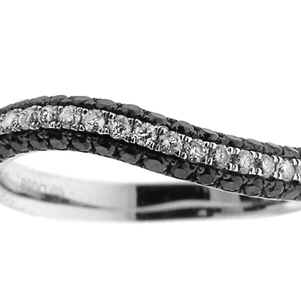 Wavy Triple Row Band with Black & White Diamonds in 14k White Gold