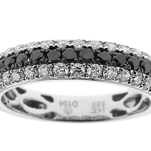 Curved Triple Row Band with Black & White Round Diamonds in 14k White Gold