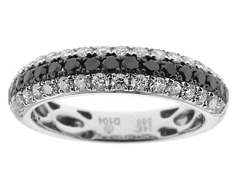 Curved Triple Row Band with Black & White Round Diamonds in 14k White Gold