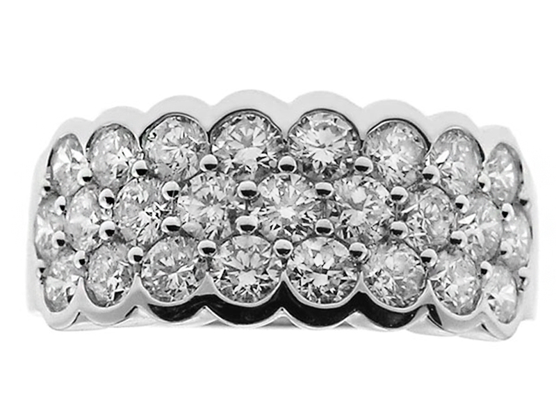 Scallop Design Ring with Triple Row of Pavé Set Diamonds in 18k White Gold