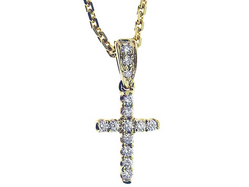 Small Cross Pendant with Round Diamonds Set in 18k Yellow Gold