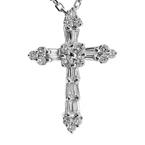 Cross Pendant with Round and Baguette Diamonds in 18k White Gold