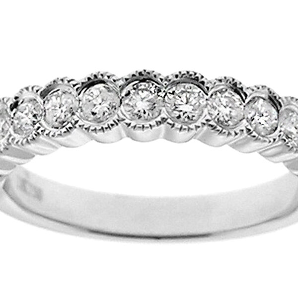 Bezel Set Scallop Style Band with Diamonds Bordered by Milgrain in 18k White Gold