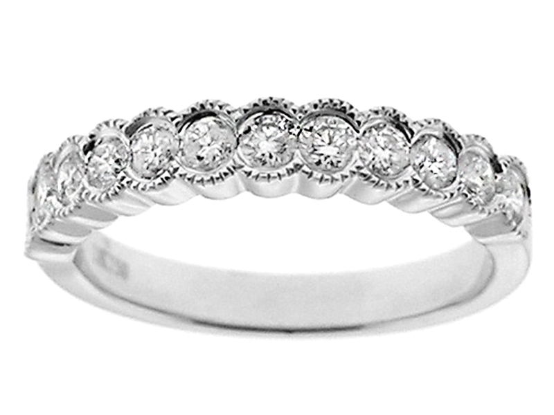 Bezel Set Scallop Style Band with Diamonds Bordered by Milgrain in 18k White Gold