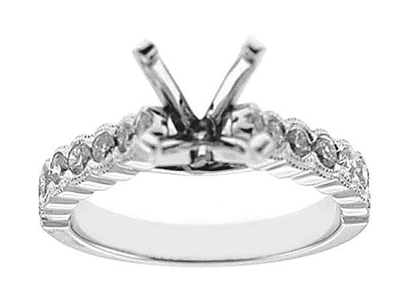 Semi-Mount Engagement Ring with Semi-Bezel Set Round Diamonds Bordered by Beaded Milgrain in 18k White Gold