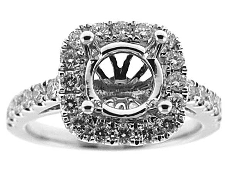 Classic Square Halo, Diamond Shank, Diamond Engagement Semi Mount White Gold Ring Setting