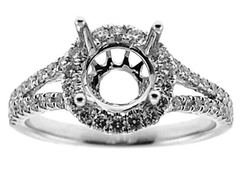 Classic Halo, Split Shank Diamond Engagement Semi Mount White Gold Ring Setting
