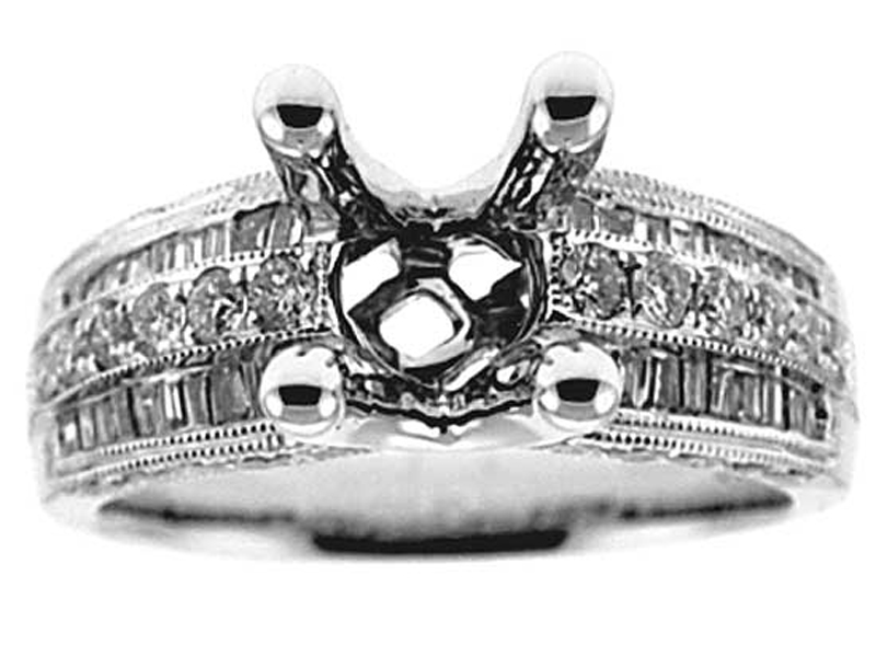 Wide 3 Row Shank, Side Diamonds, Diamond Engagement Semi Mount White Gold Ring Setting