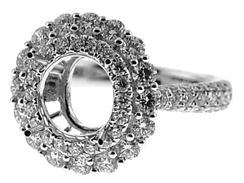 Semi-Mount Diamond Engagement Ring with Diamond Encrusted Shank and Double Halo in 18k White Gold