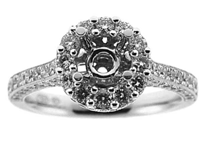 Semi-Mount Three Side Engagement Ring with Round Halo and Diamond Encrusted Shank in 18k White Gold
