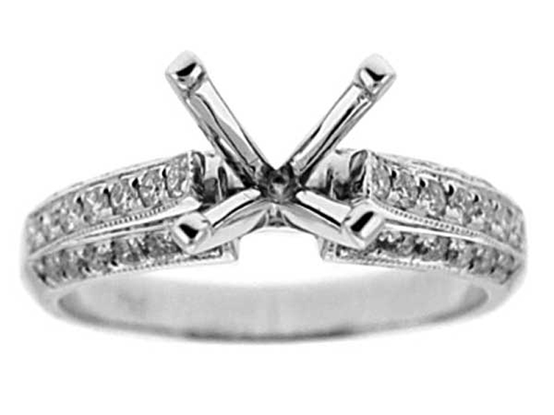 Semi-Mount Milgrain Engraved Three Side Engagement Ring with Micro-Pavé Set Diamonds in 18k White Gold