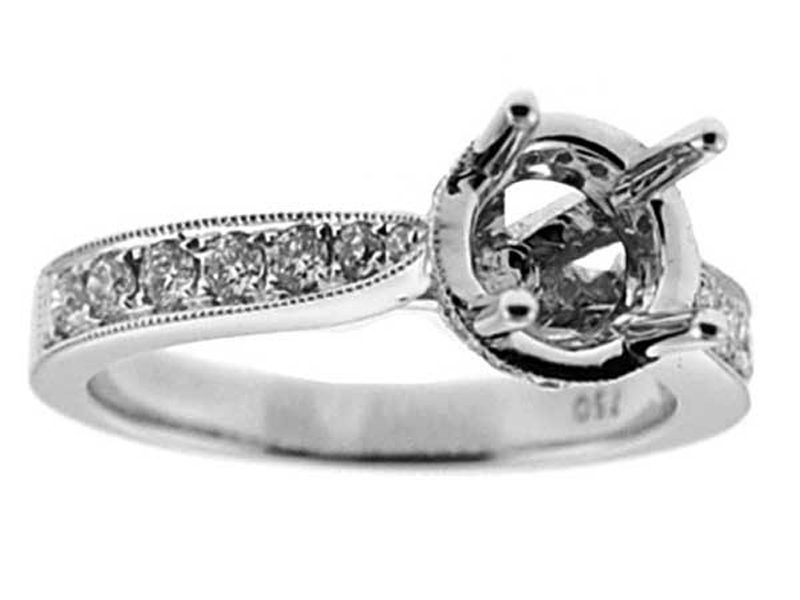 Semi-Mount Engagement Ring with Micro-Pavé Set Diamonds Bordered by Beaded MIlgrain in 18k White Gold