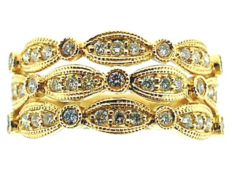 3 Row Right Hand Fashion Ring with Bezel Set Diamonds and Beaded Milgrain in 18K Yellow Gold