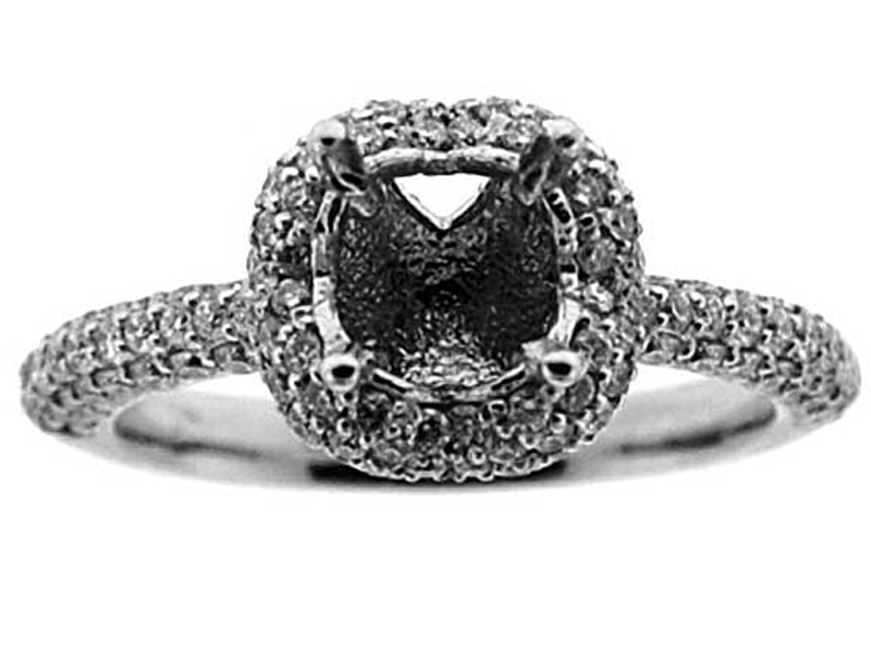 Hearts Around Halo, Pave Set Diamond Engagement Semi Mount White Gold Ring Setting