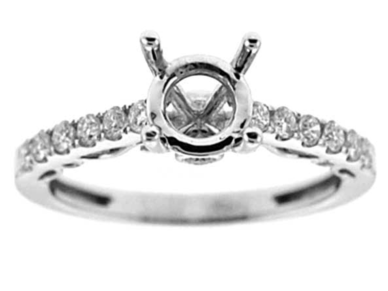 Micro Prong Thin One Row, Scroll Design Sides,  Diamond Engagement Semi Mount White Gold Ring Setting