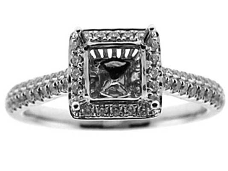 Square Halo, Pave Shank, Diamond Engagement Semi Mount White Gold Ring Setting