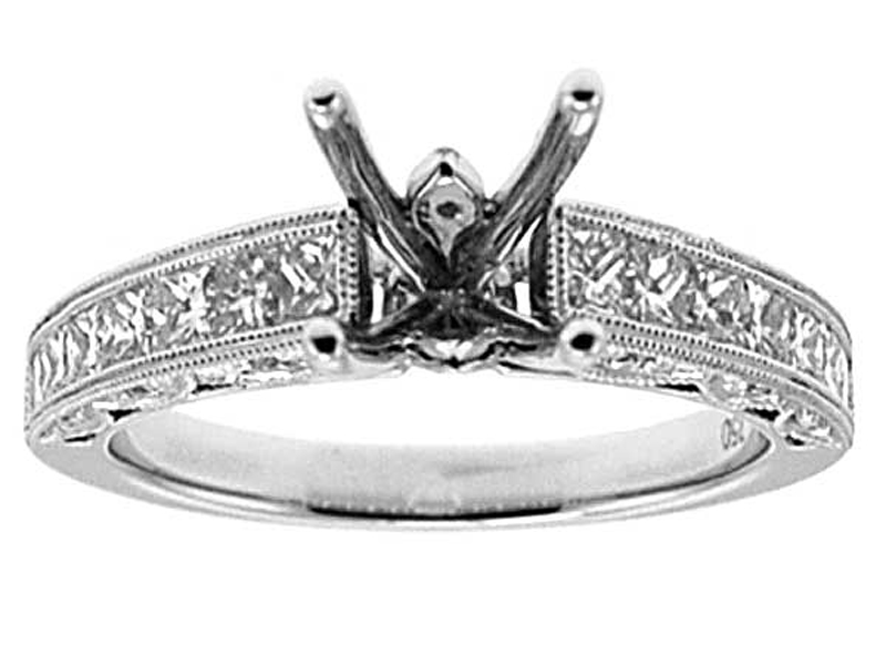 Channel set Princess Cut, Scallop Design Sides, Diamond Engagement Semi Mount White Gold Ring Setting