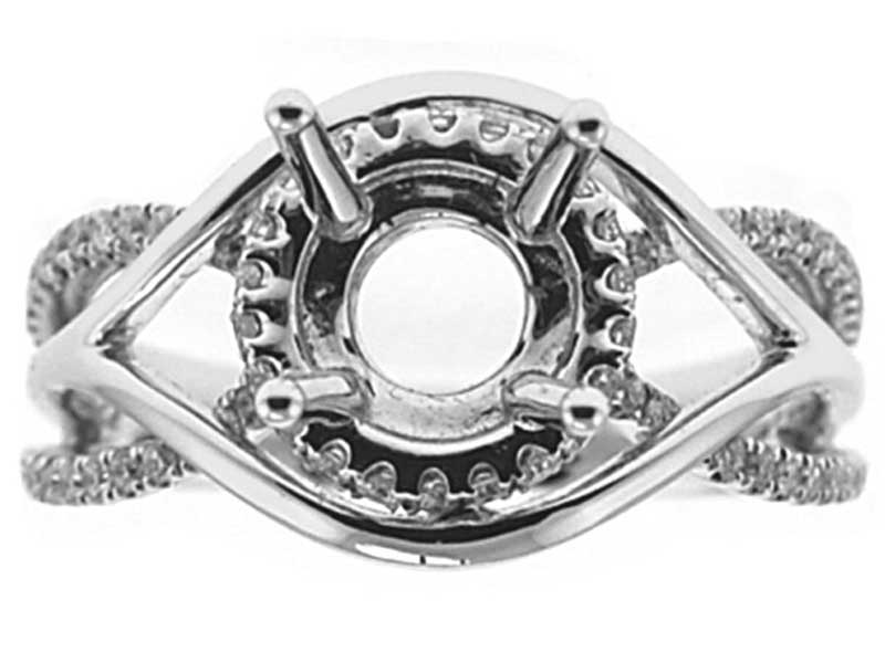Modern Side Halo, 3D Overlapping Split Shank, Diamond Engagement Semi Mount White Gold Ring Setting