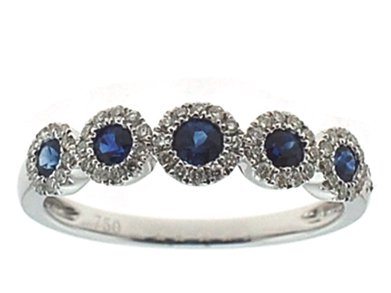 5 Stone Sapphire Ring with Diamond Halos Around Each in 18K White Gold