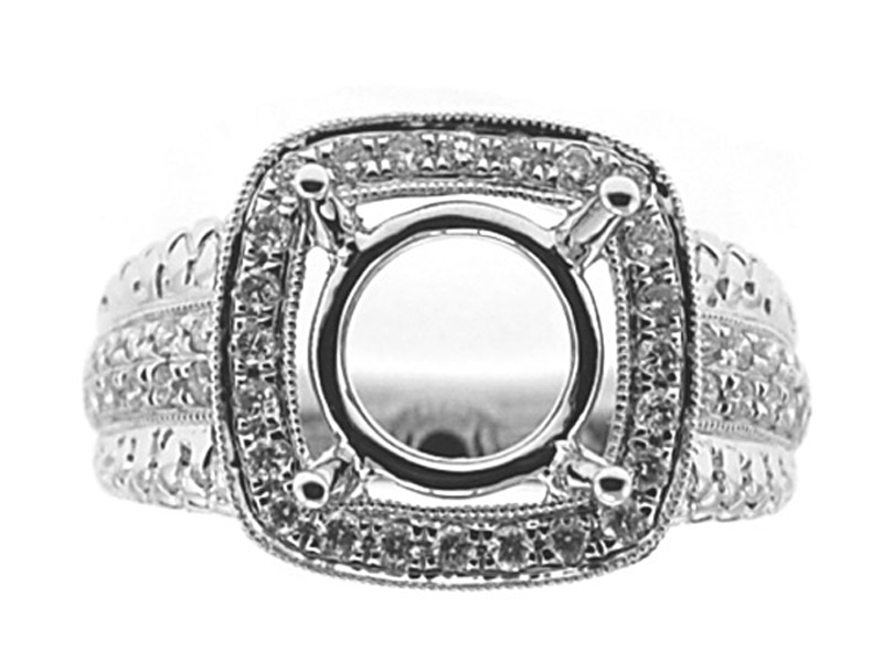 Square Halo, Hang Engraved Thick Shank, Diamond Engagement Semi Mount White Gold Ring Setting