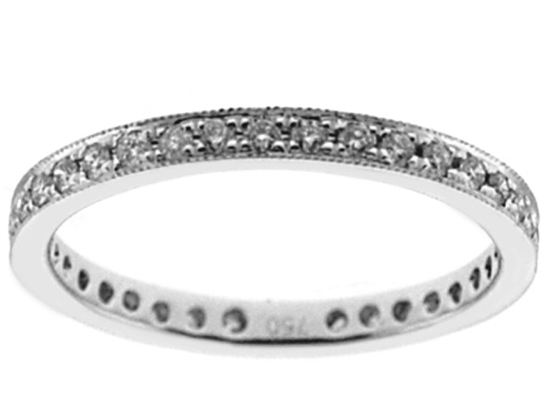 Single Row Eternity Band with Round Diamonds Bordered by Beaded Milgrain in 18k White Gold