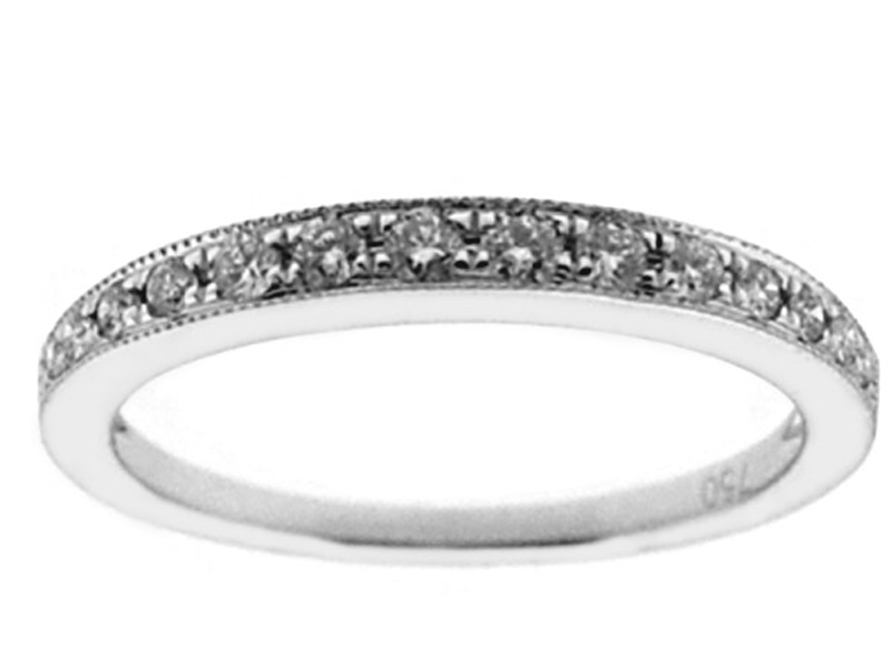 Milgrain Engraved Single Row Band with Micro-Prong Set Round Diamonds in 18k White Gold