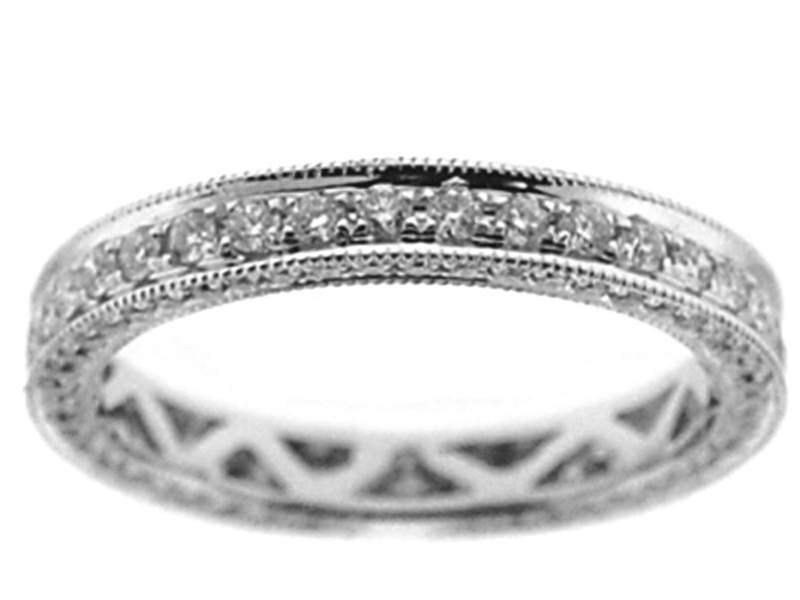 Triple Sided Eternity Band with Round Diamonds Bordered by Beaded Milgrain in 18k White Gold