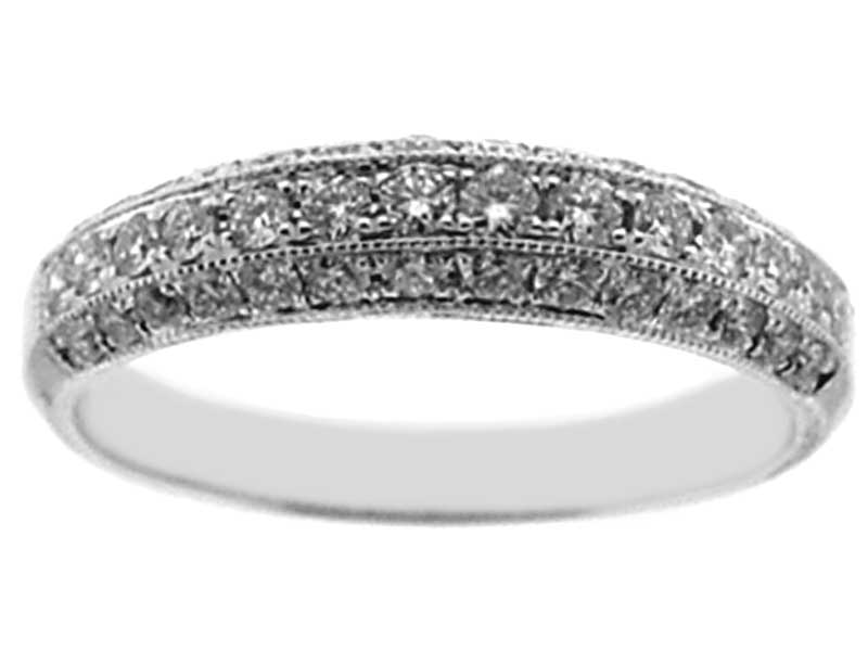 Three Side Protruding Band with Beaded Milgrain and Micro-Prong Set Round Diamonds in 18k White Gold