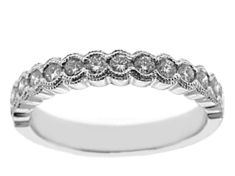 Semi-Bezel Set Band with Round Diamonds Bordered by Beaded Milgrain in 18k White Gold