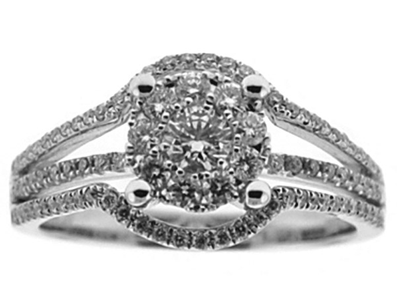 Triple Split Shank Ring with a Center Cluster of Diamonds in 18K White Gold