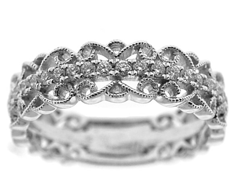 Milgrain Filigree Band with Round Diamonds in Between Set in 18k White Gold