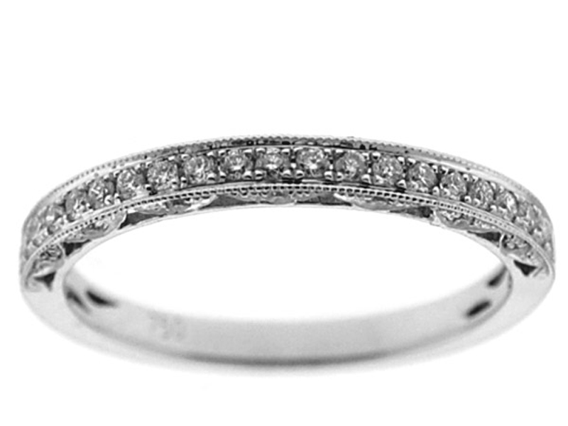 Milgrain Engraved Three Side Band with Micro-Prong Set Round Diamonds and Triangular Openwork in 18k White Gold