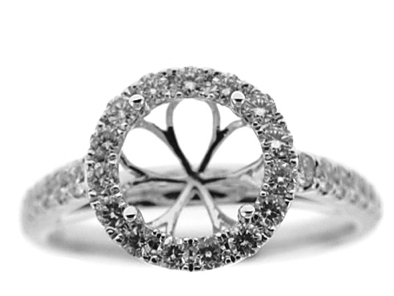 Semi-Mount Engagement Ring with Round Halo and Diamonds Set in 18k White Gold
