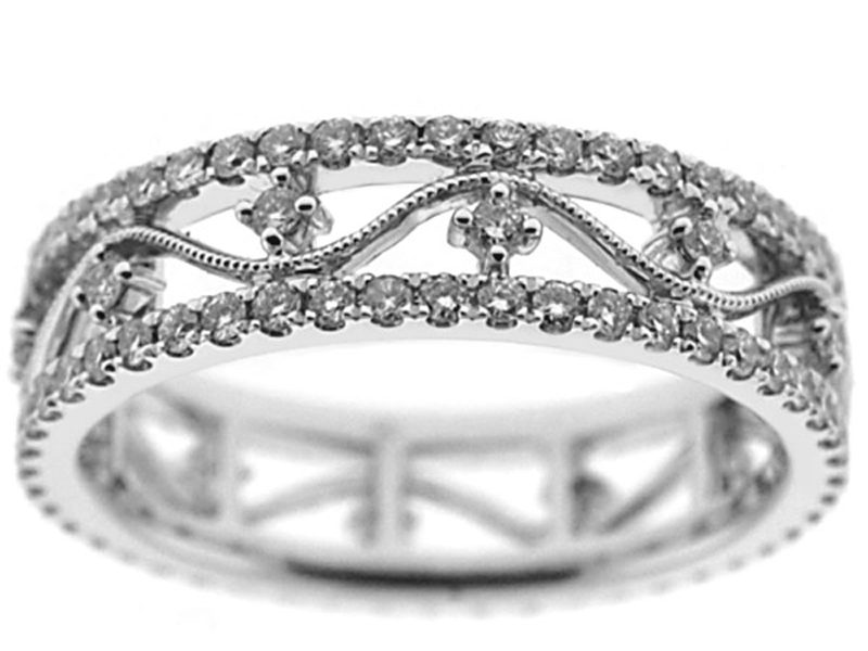 Eternity Band with Round Diamonds and Wavy Beaded Milgrain in 18k White Gold