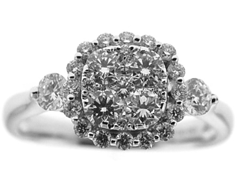 Square Shaped Halo Style Ring with Cluster of Diamonds in 18K White Gold