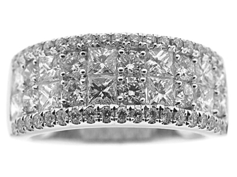 Right Hand Fashion Ring with Princess Cut and Round Diamonds Set in 18K White Gold