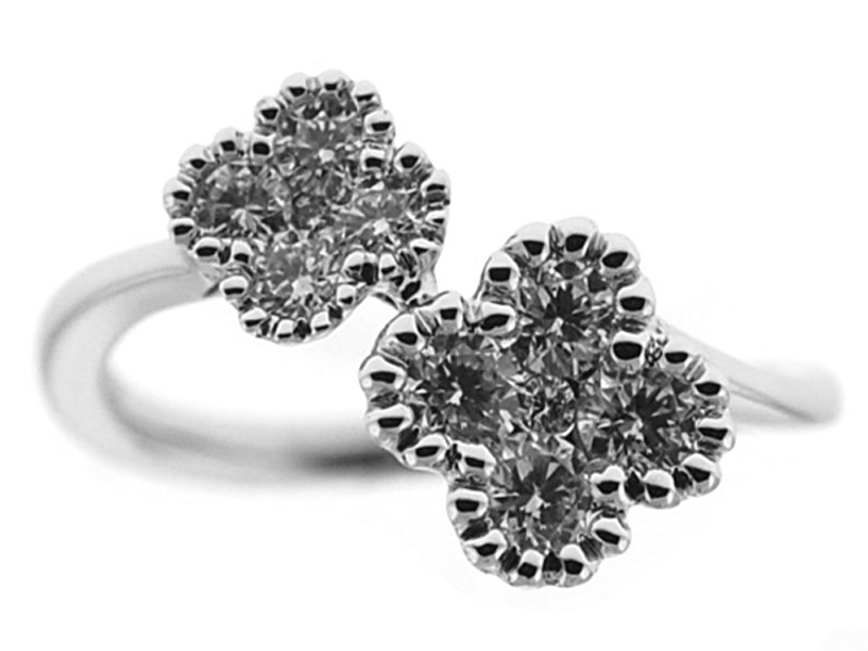 Bypass Right Hand Fashion Ring with Clover Designs of Diamonds Surrounded by Beaded Milgrain in 18K White Gold