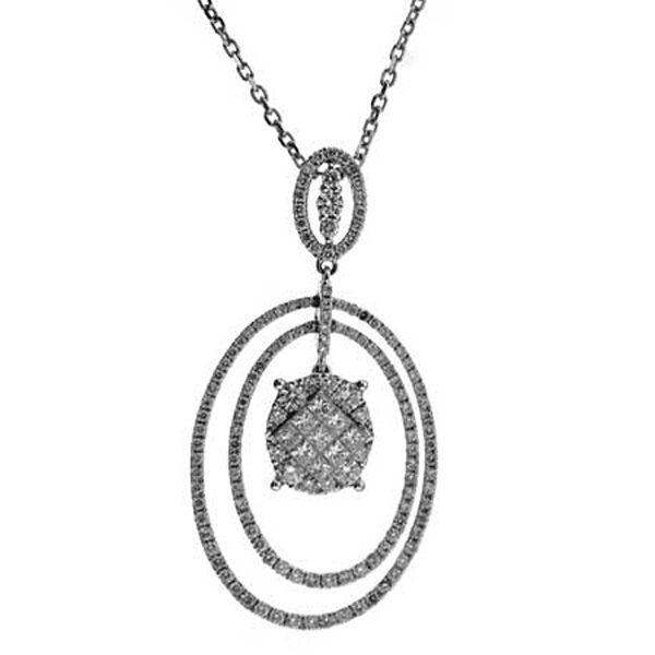 Dangling Oval Pendant with Round & Princess Cut Diamonds Surrounded by Double Diamond Halo in 18k White Gold
