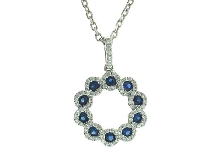 Sapphire Circle of Life Pendant with a Swirl Design of Diamonds Set in 18K White Gold