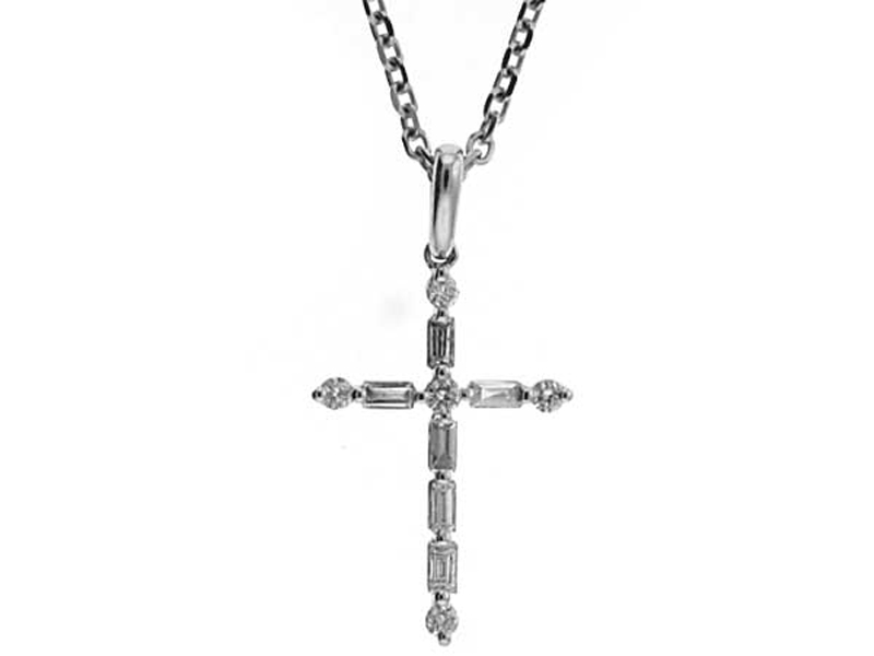 Cross Pendant with Baguette and Round Diamonds Set in 18k White Gold