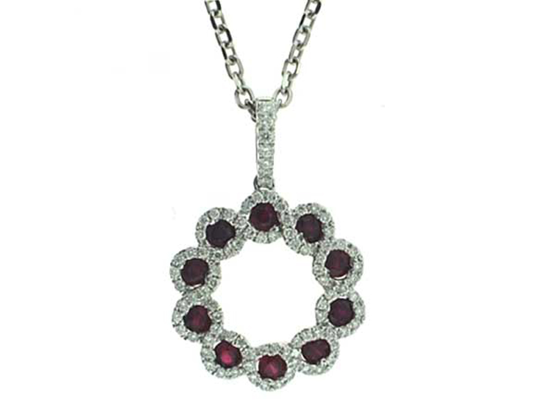 Ruby Circle of Life Pendant with a Swirl Design of Diamonds Set in 14K White Gold