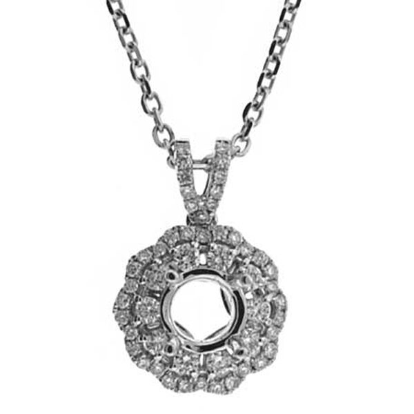 Double Halo Pendant with a Wavy Border and Round Diamonds Set in 18k White Gold