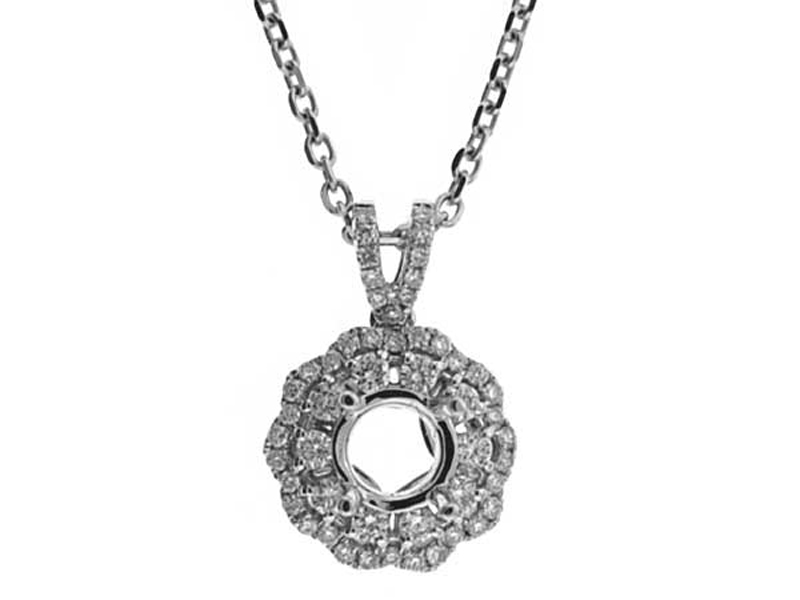 Double Halo Pendant with a Wavy Border and Round Diamonds Set in 18k White Gold