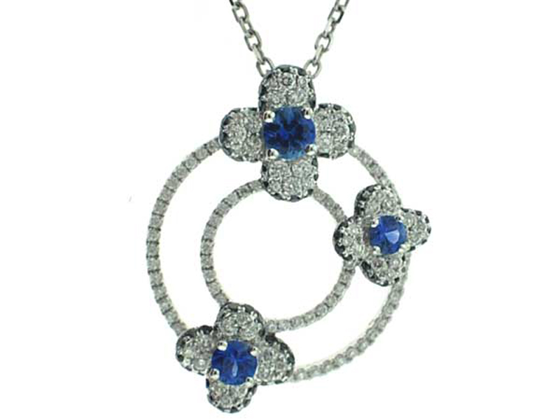 Pendant with Three Clovers in Diamonds, Black Diamonds, and Sapphires Set in 18K White Gold