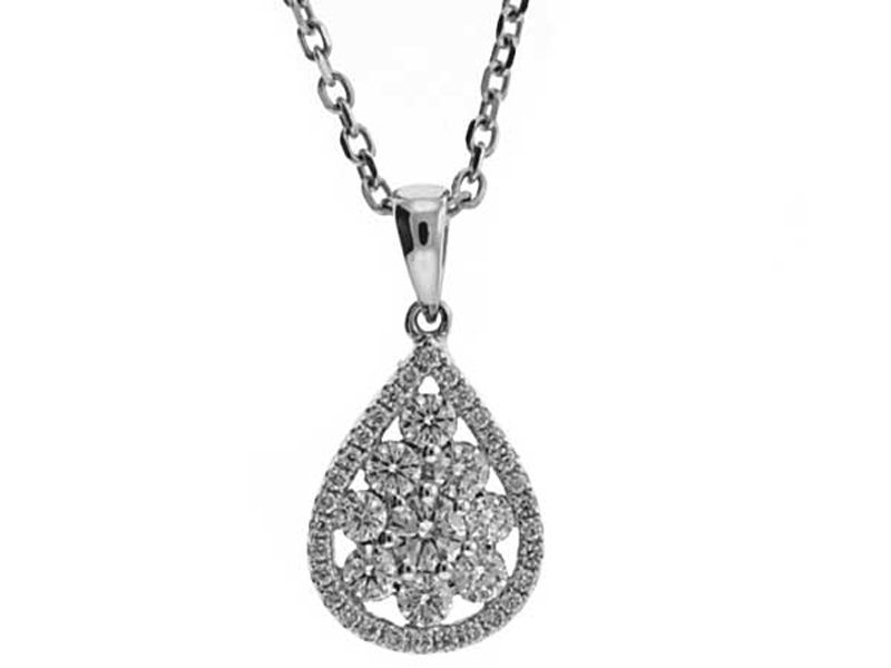 Drop Pendant with Halo Encircling Round Diamonds Set in 18k White Gold