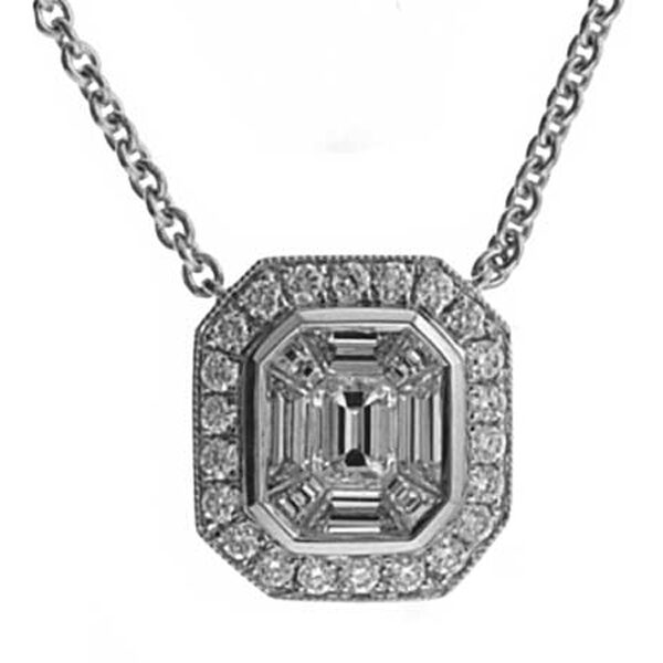 Square Pendant with Baguette Diamonds Surrounded by Diamond Halo and Bordered by Beaded Milgrain in 18k White Gold