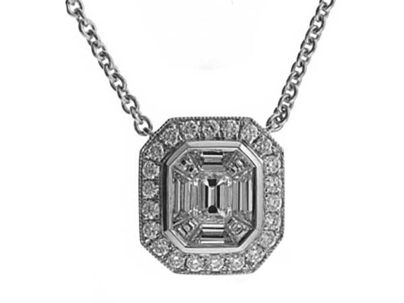 Square Pendant with Baguette Diamonds Surrounded by Diamond Halo and Bordered by Beaded Milgrain in 18k White Gold