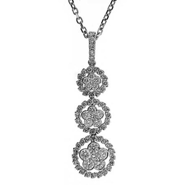 Tri Step Dangling Pendant with Diamond Flowers Encircled by Diamond Leaves in 18k White Gold