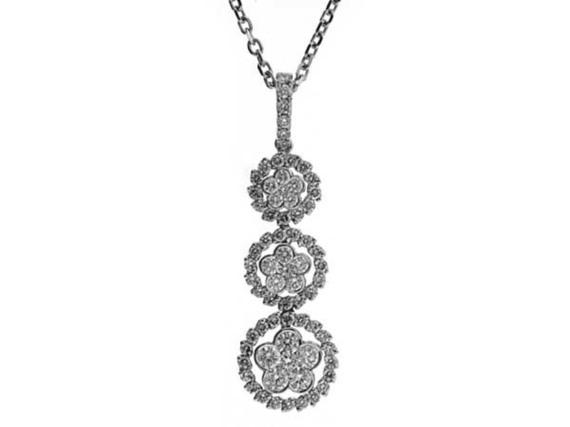 Tri Step Dangling Pendant with Diamond Flowers Encircled by Diamond Leaves in 18k White Gold