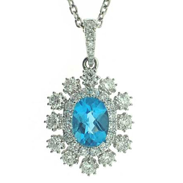 Diamond Pendant with Blue Topaz Center Set in 18K White Gold